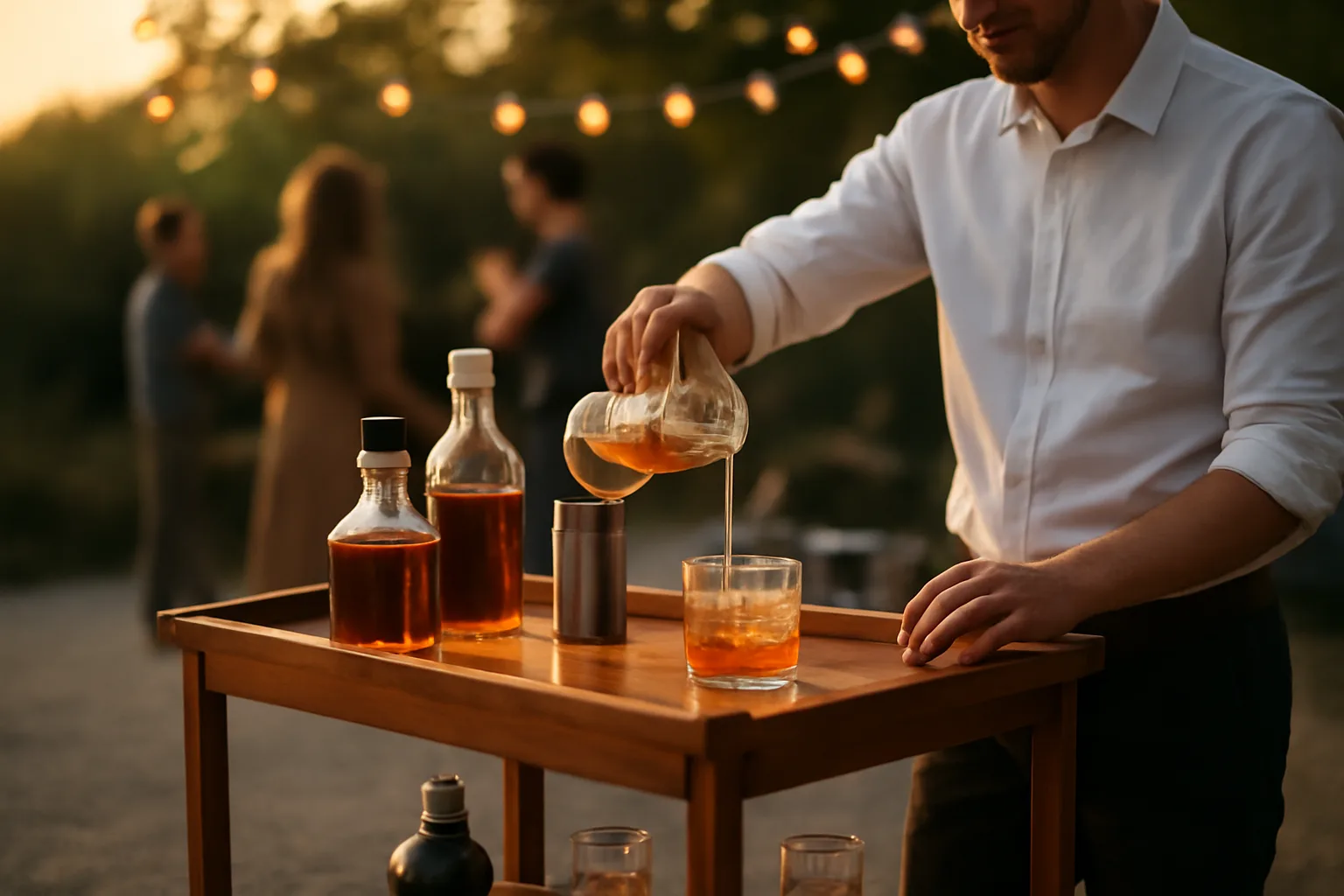 Mobile bar cart pouring drinks outdoors during an evening event