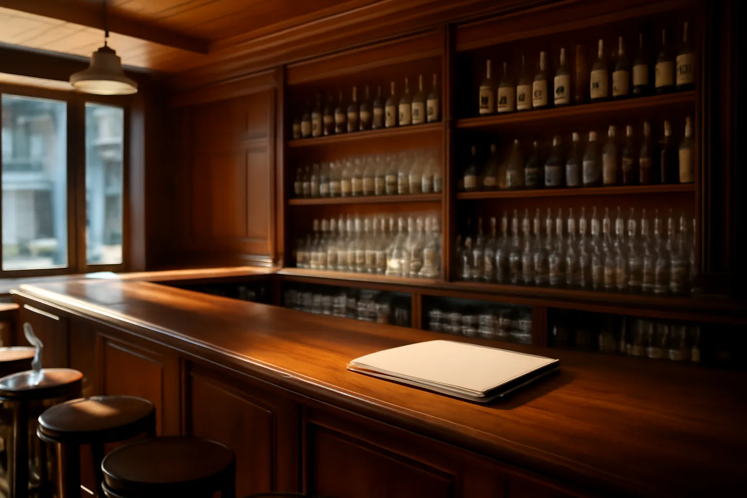Empty restaurant bar interior before opening with paperwork on the counter