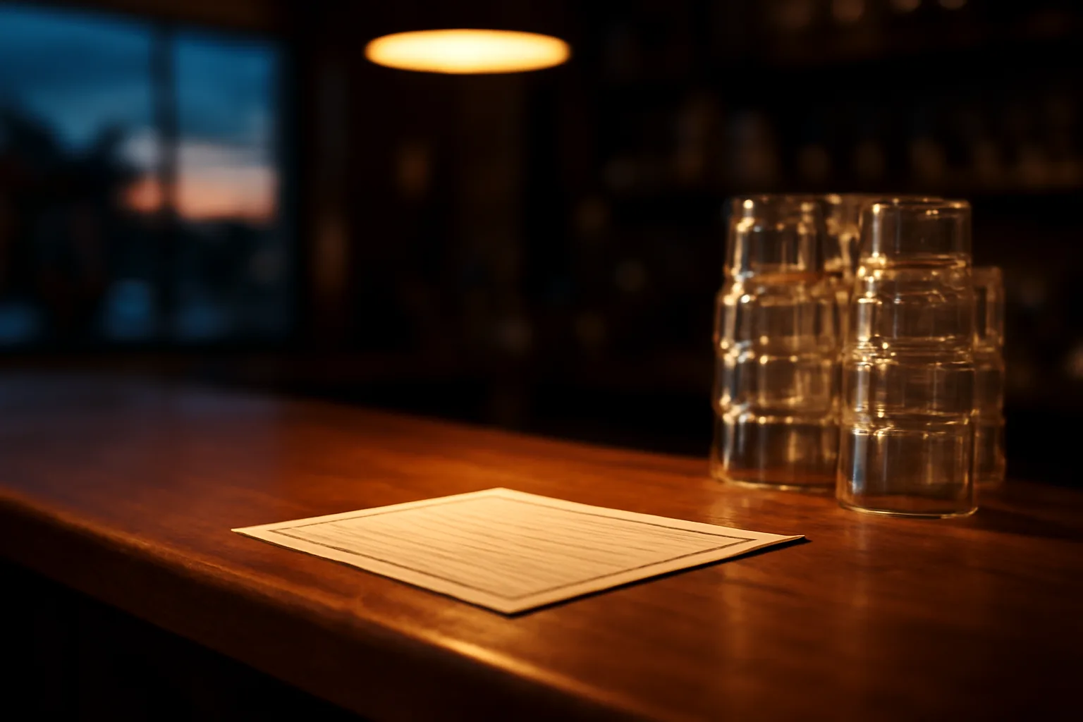 Printed license paperwork resting on a bar counter beside glassware in warm light