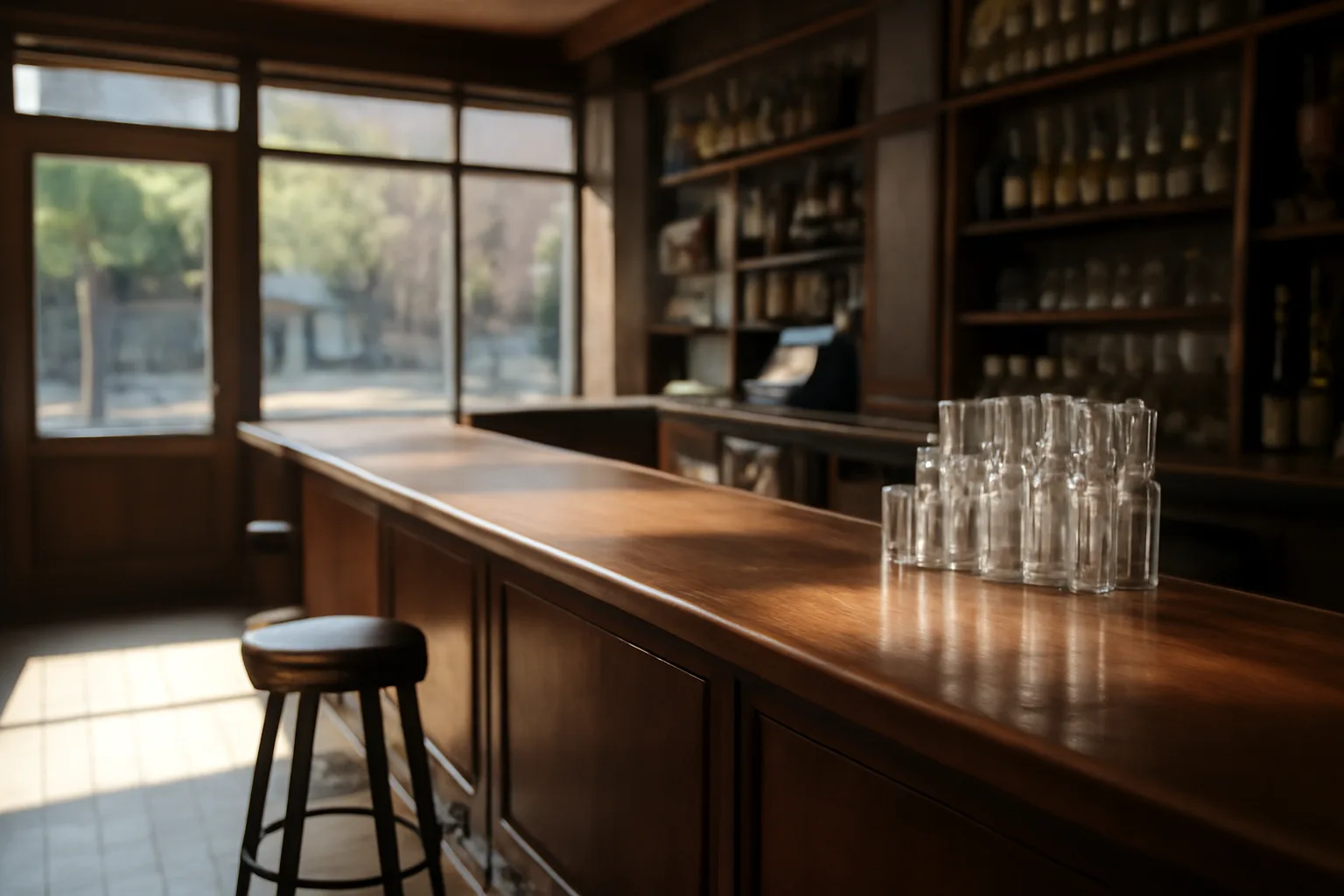 Empty sunlit neighborhood bar interior with wood counter and stacked glassware