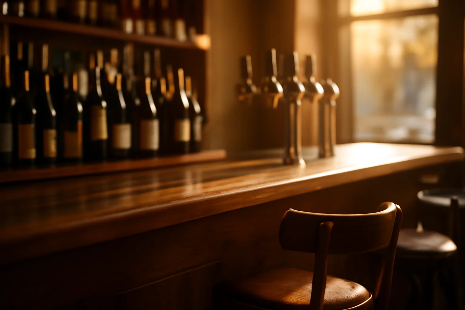 Sunlit restaurant bar counter with wine bottles and beer taps, no signage visible