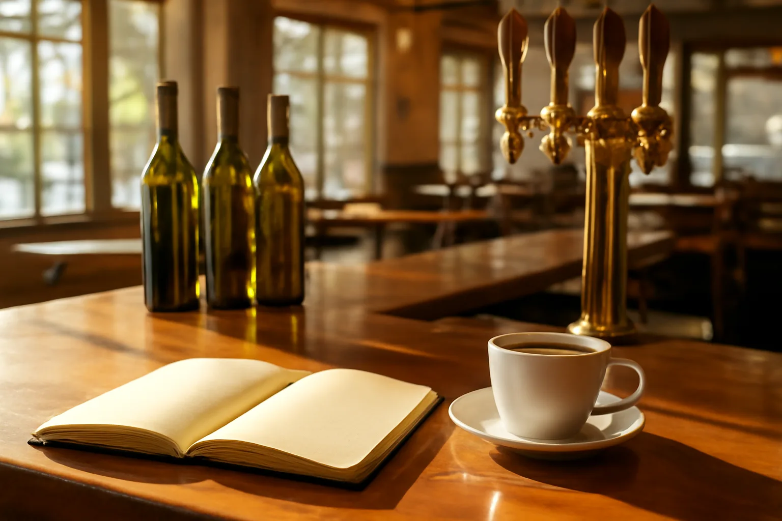Florida restaurant bar counter with wine bottles and beer taps in morning light