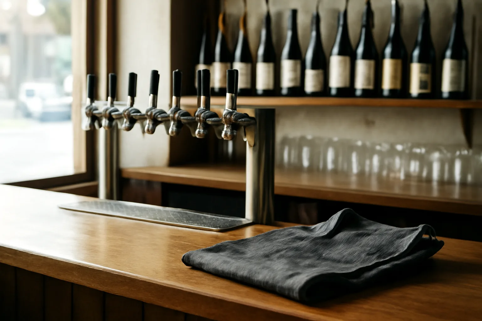 Bar counter with beer taps and wine bottles lit by daylight, no signage visible