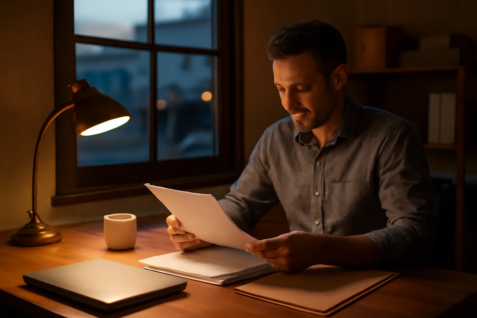 Restaurant owner reviewing permit paperwork at a desk while planning a business liquor license