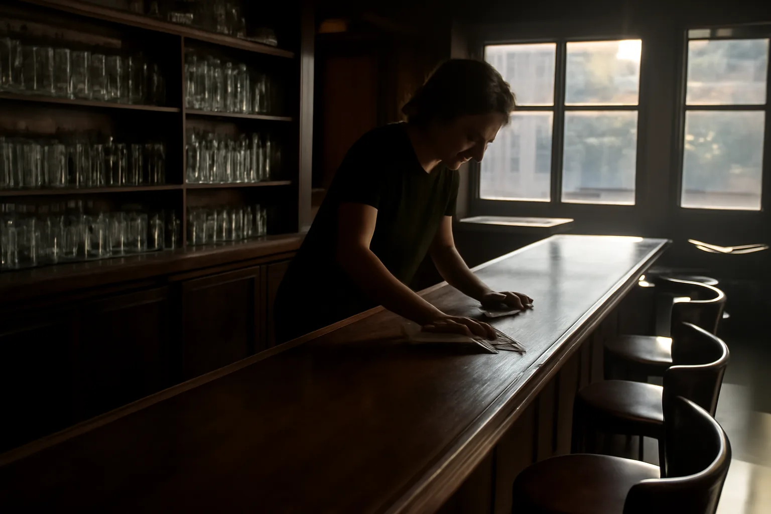 Empty bar interior in morning light, illustrating a bar awaiting its temporary liquor license
