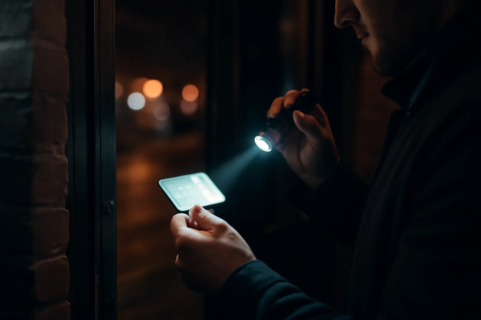 Bouncer checking a driver's license with a flashlight at a bar entrance