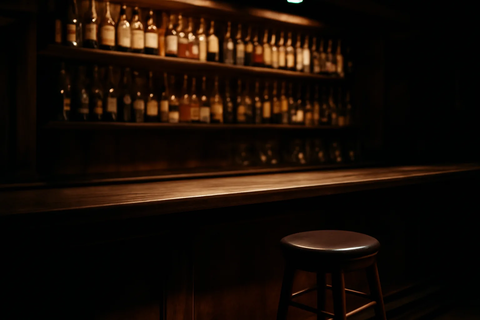 Empty wooden bar counter with bottle shelves lit warmly at closing time