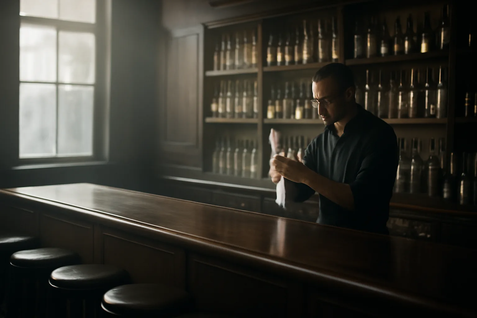 Bartender polishing glasses in an empty bar before opening, representing bar license planning