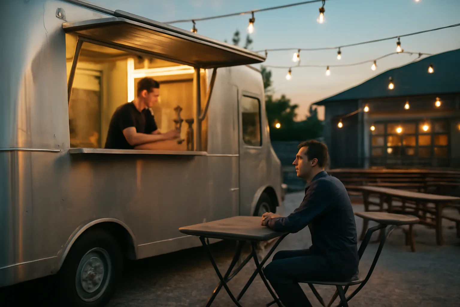 Food truck parked beside a brewery patio at dusk with a bartender pouring a beer
