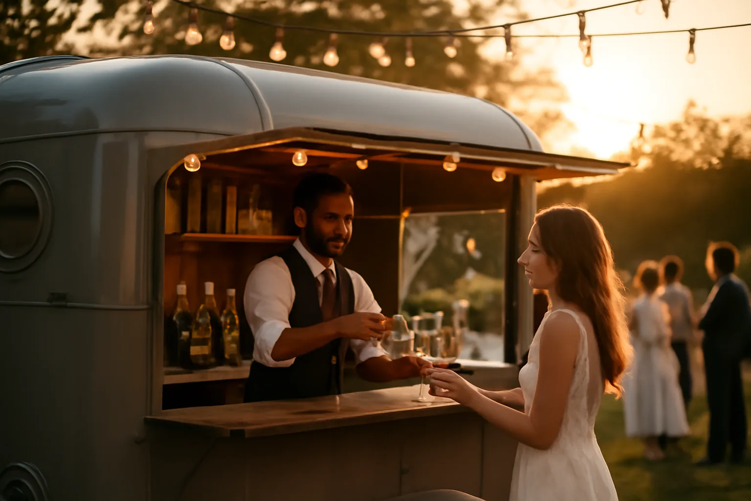 Mobile bar trailer serving drinks outdoors at golden hour, illustrating liquor license for mobile bar