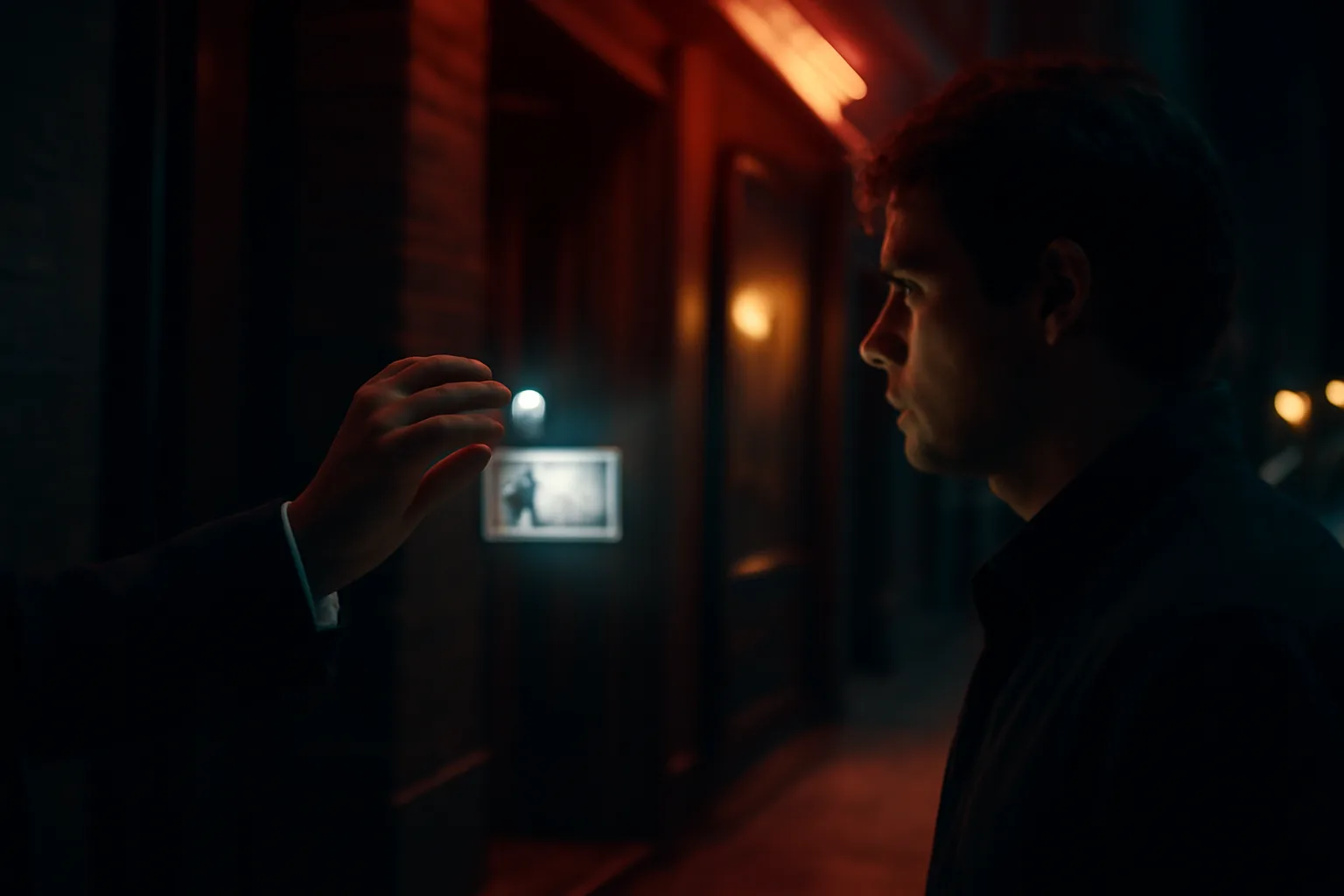 Bouncer checking a driver's license with a flashlight at a bar entrance