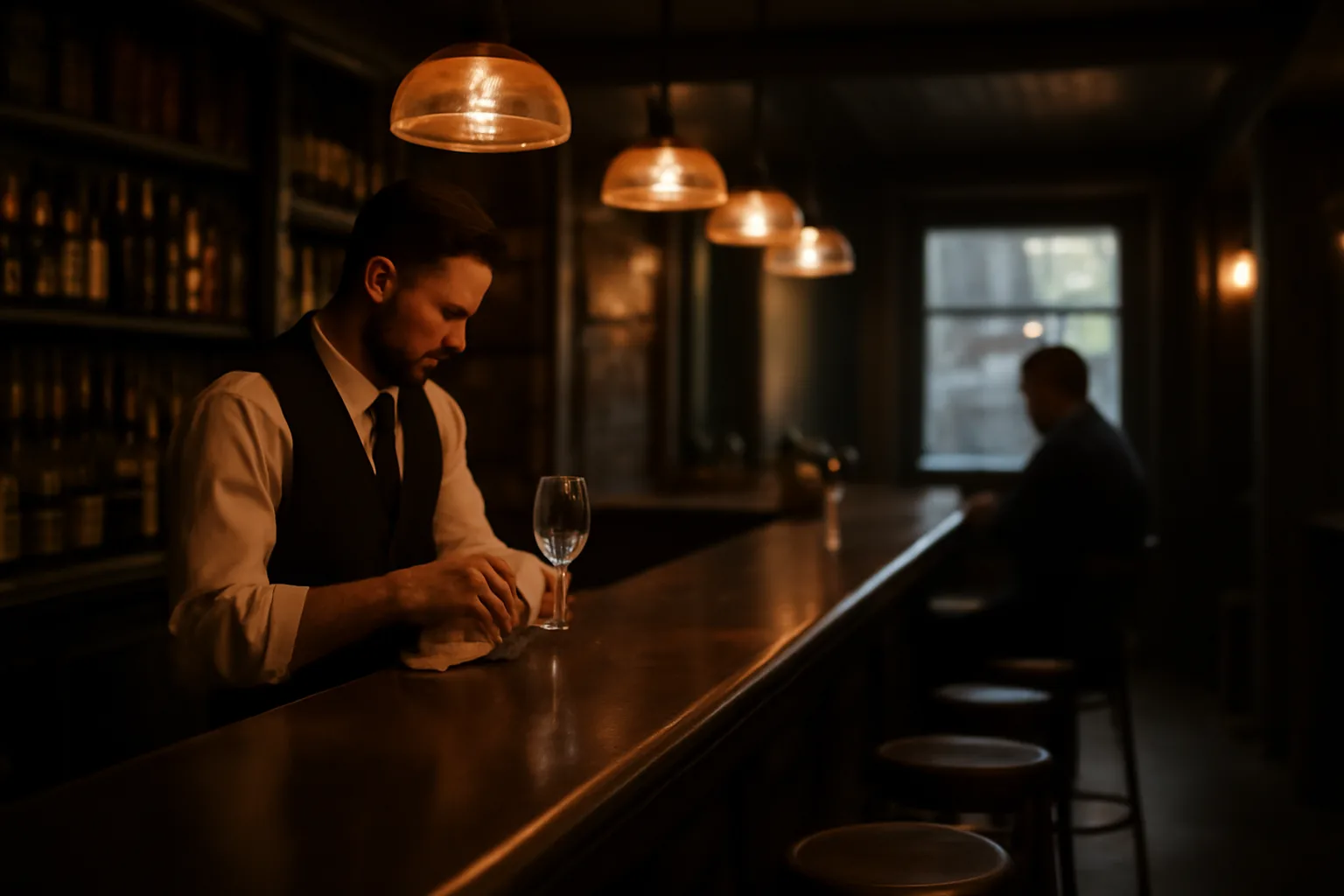 Bartender working behind a dimly lit bar counter in the early evening