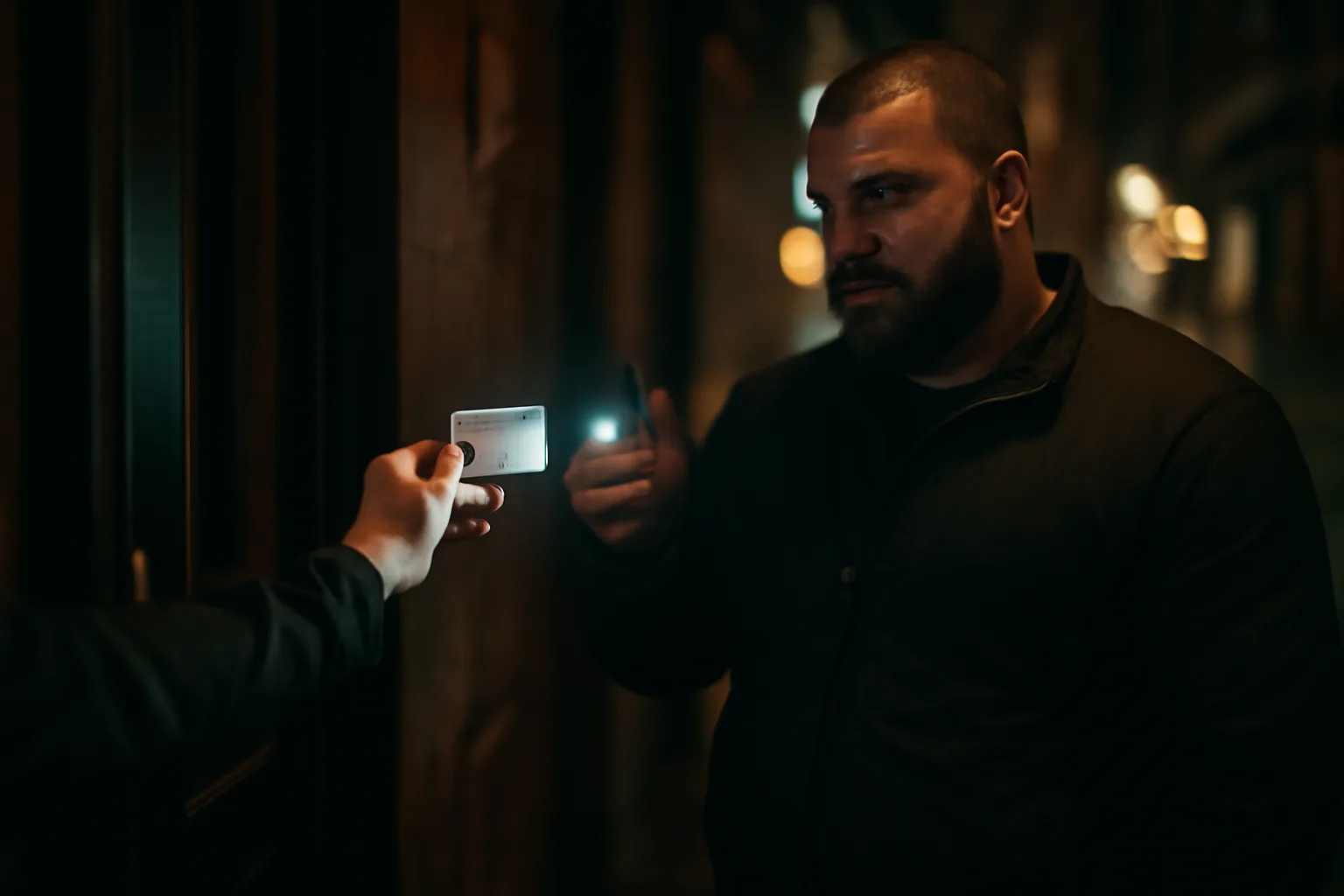 Bouncer checking a vertical driver's license at a bar entrance at night