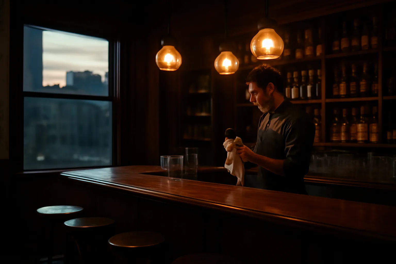 Bartender preparing an empty bar before opening, warm evening light through windows
