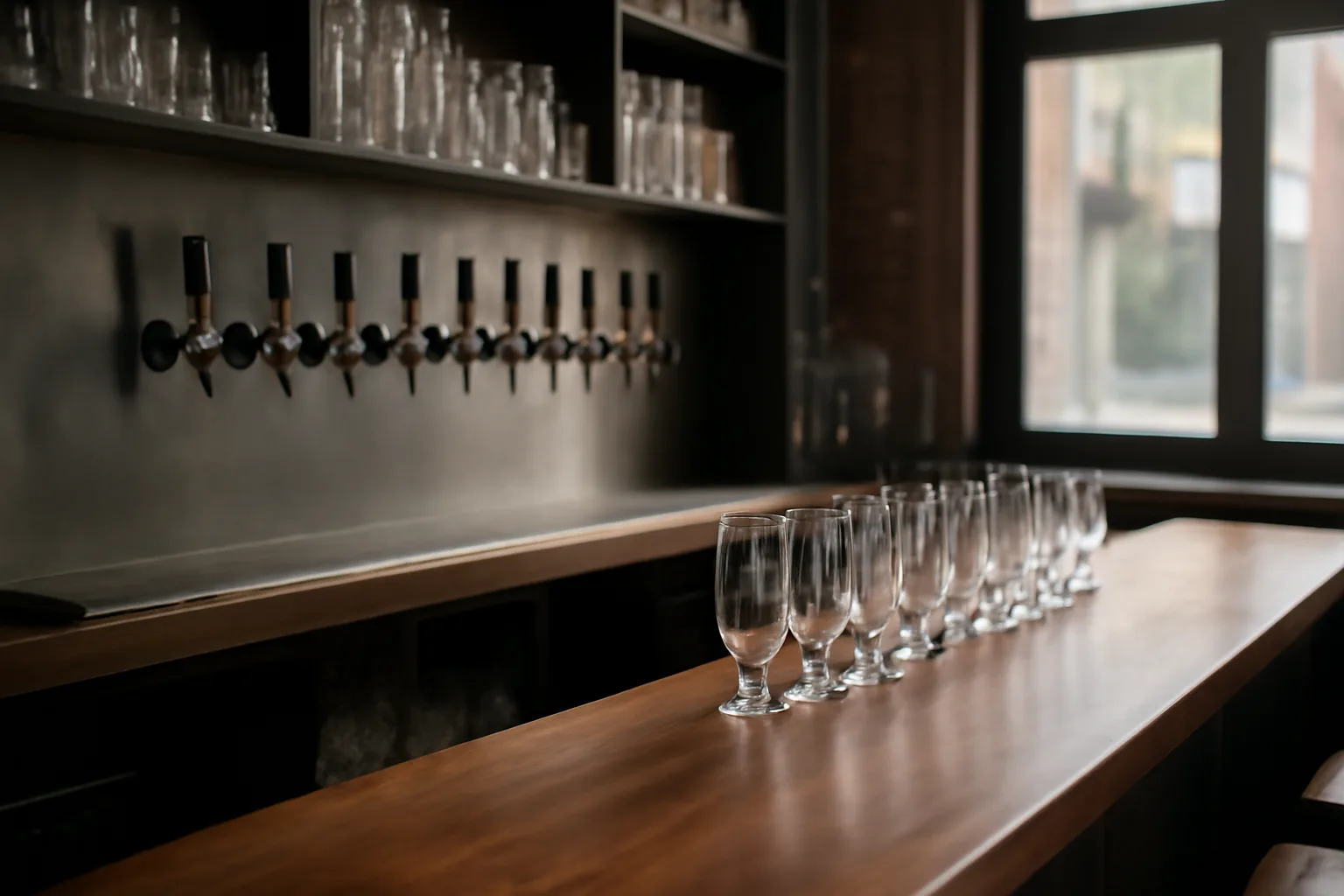 Empty restaurant bar with beer taps before opening, illustrating liquor license requirements