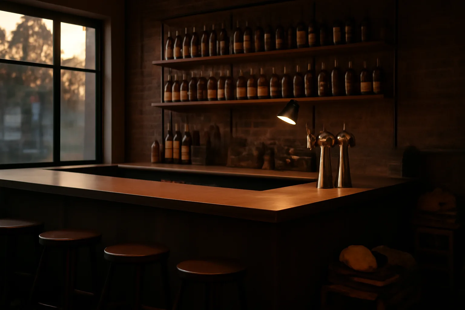 Empty new bar interior with work light, illustrating temporary license use before opening