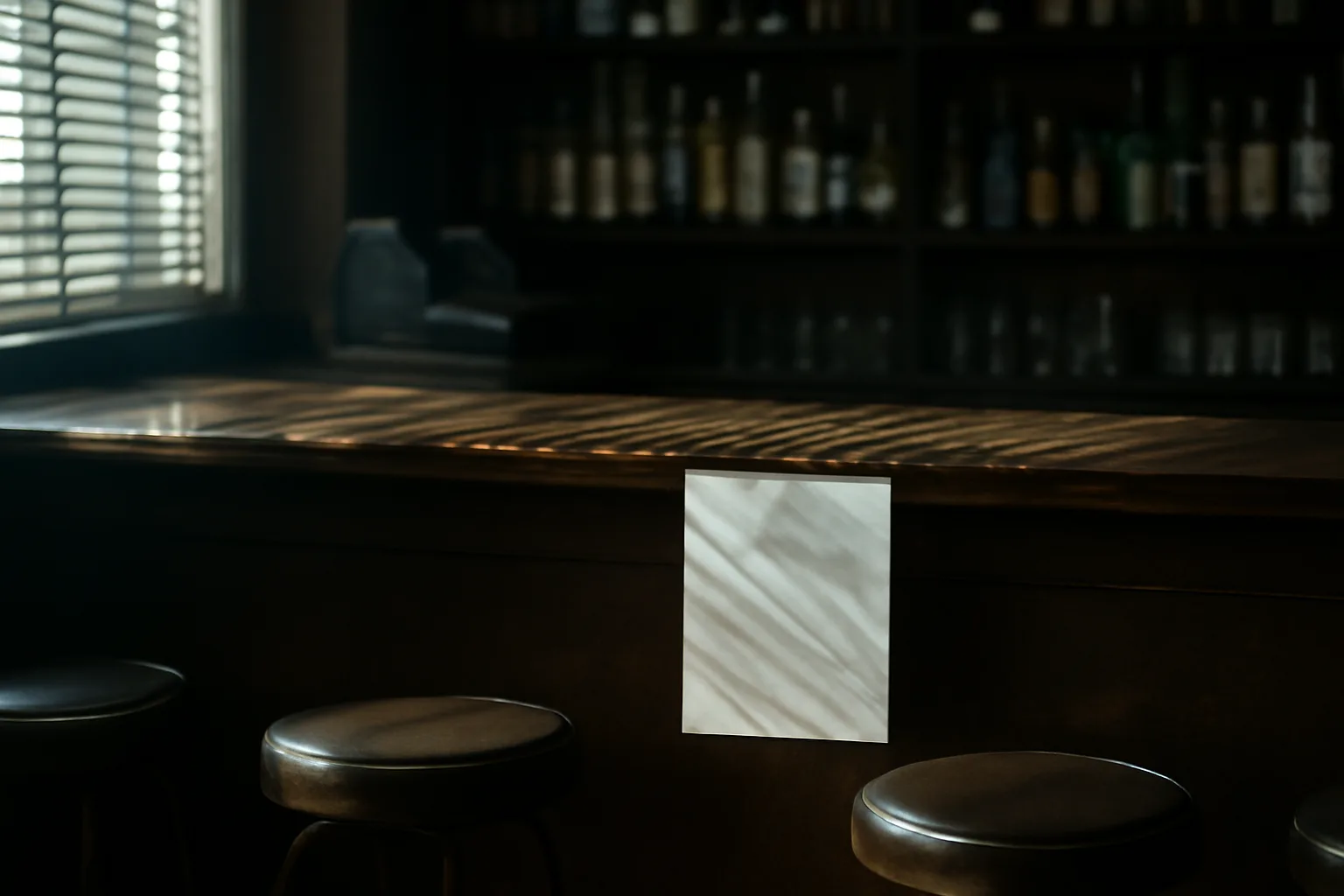 Bar interior before opening with a printed license posted near the register