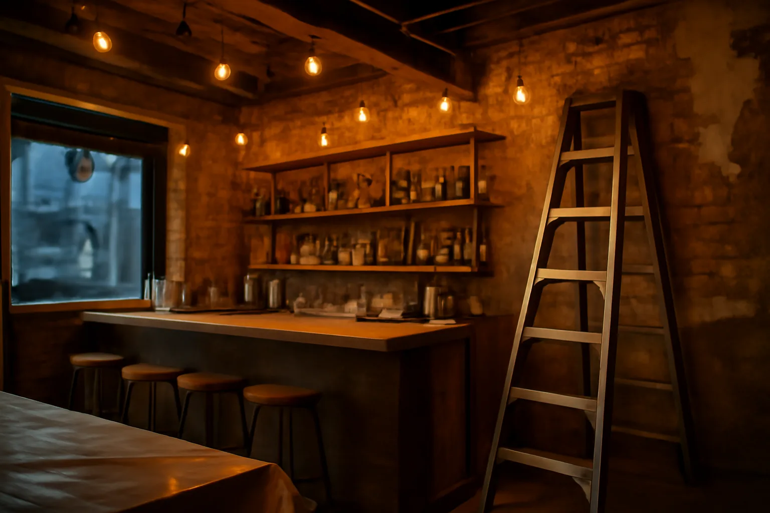 Restaurant bar under construction with liquor bottles being shelved before license approval