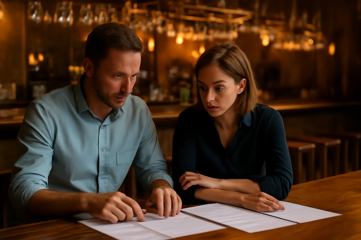 Restaurant owners reviewing liquor license paperwork at a bar counter