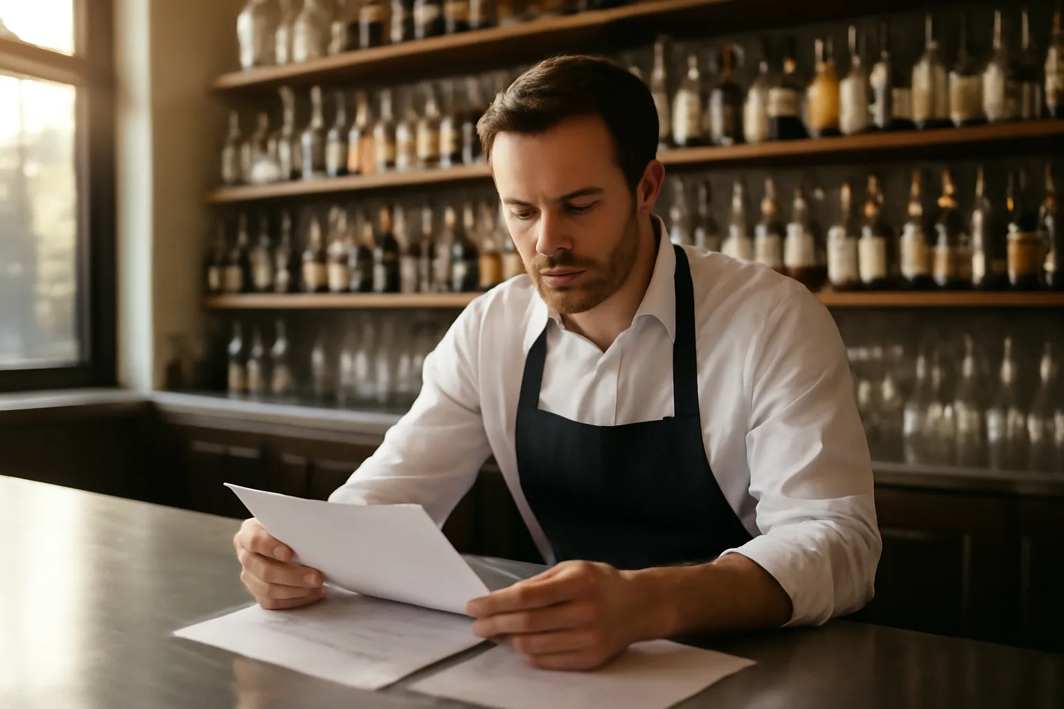 Restaurant manager reviewing documents near a stocked commercial bar before opening