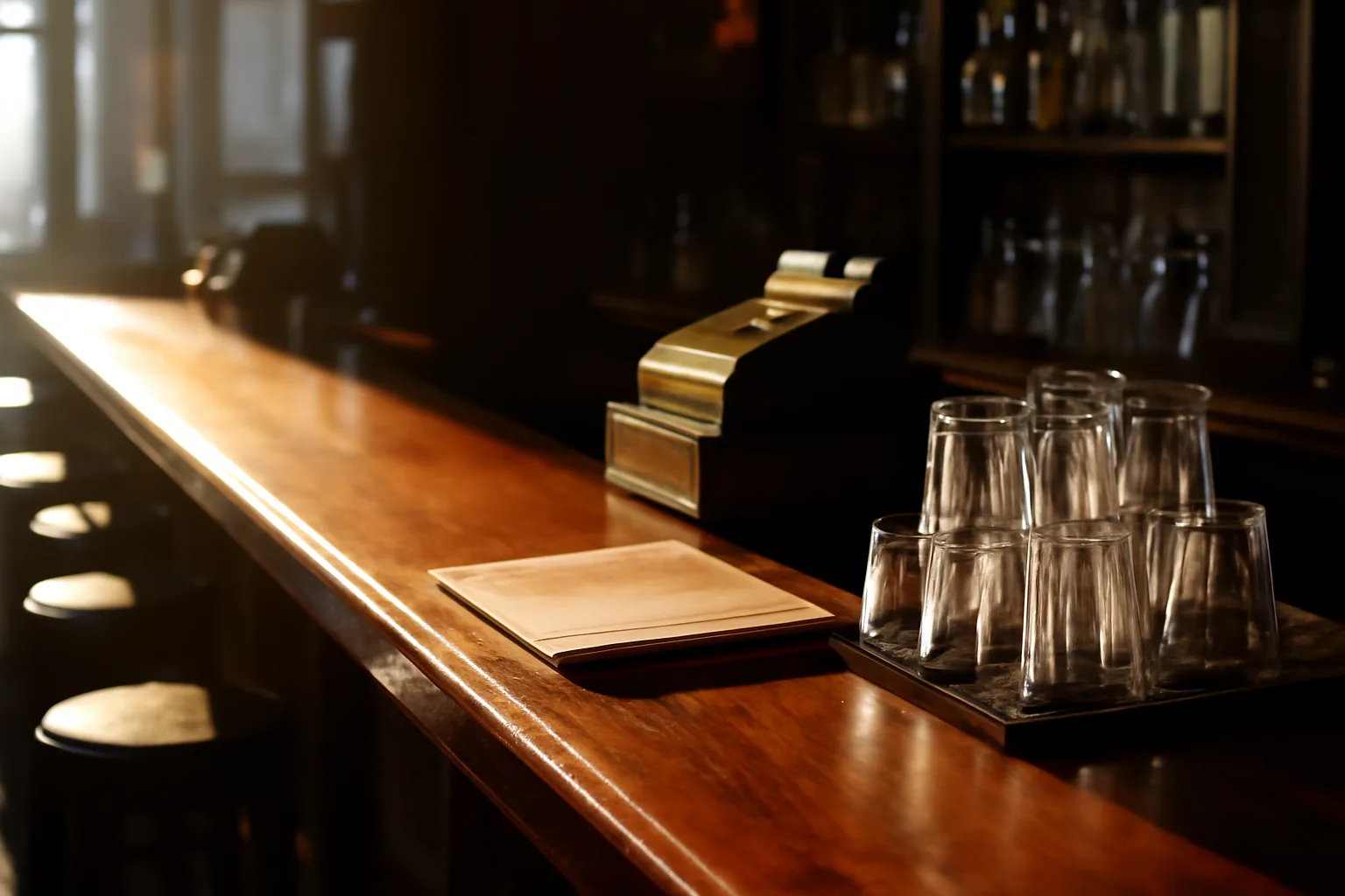 Empty bar counter at sunrise before opening, paperwork resting near the register
