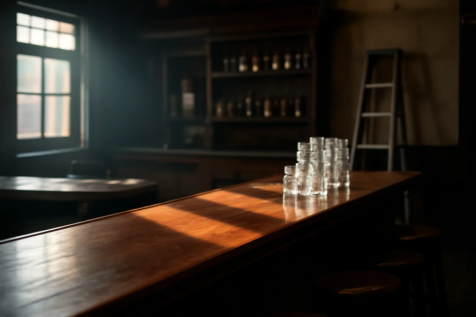 Empty bar interior in daylight before opening, illustrating a bar awaiting its liquor license