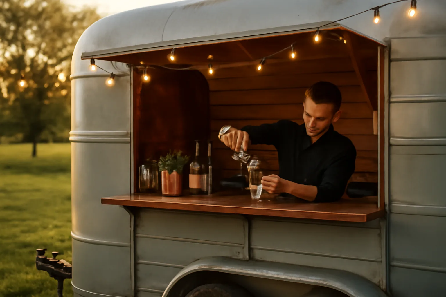 Mobile bar trailer serving drinks outdoors at a wedding event during golden hour