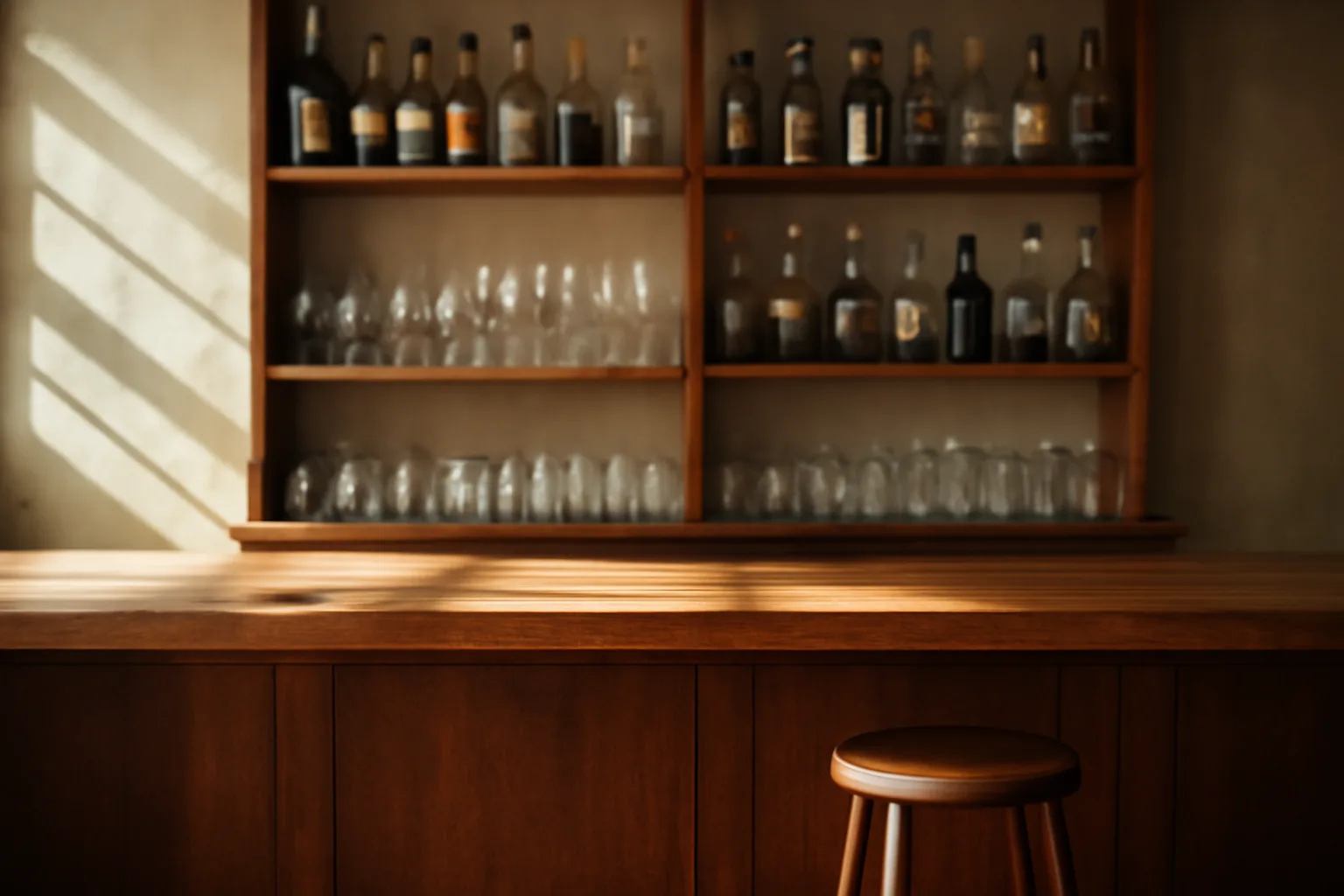 Empty restaurant bar counter with bottles, illustrating liquor license requirements before opening