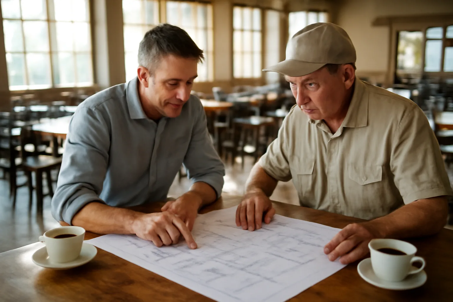 Restaurant owner and inspector reviewing floor plan for a liquor license application