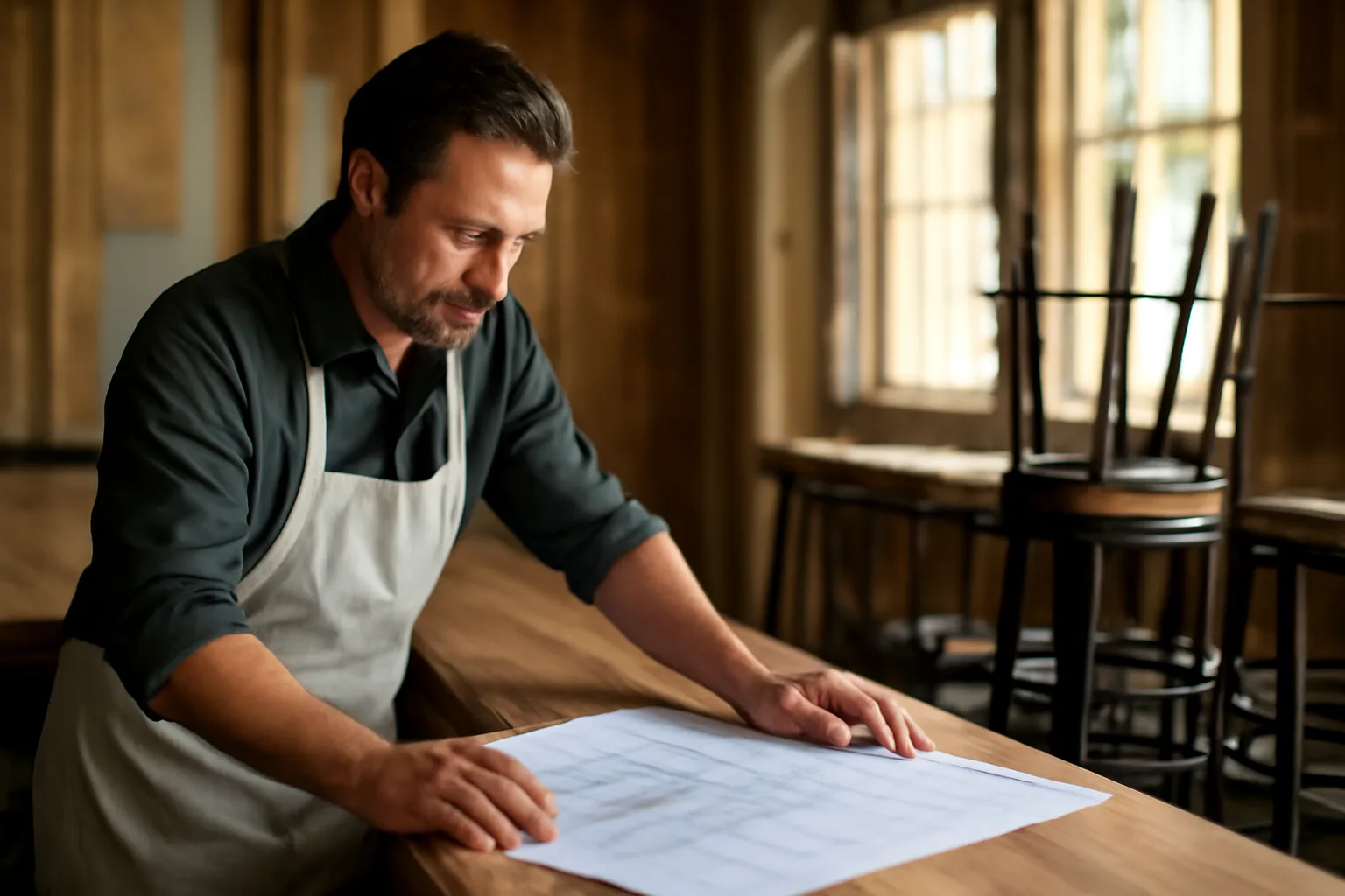 Restaurant owner reviewing floor plans at an unfinished bar during liquor license planning