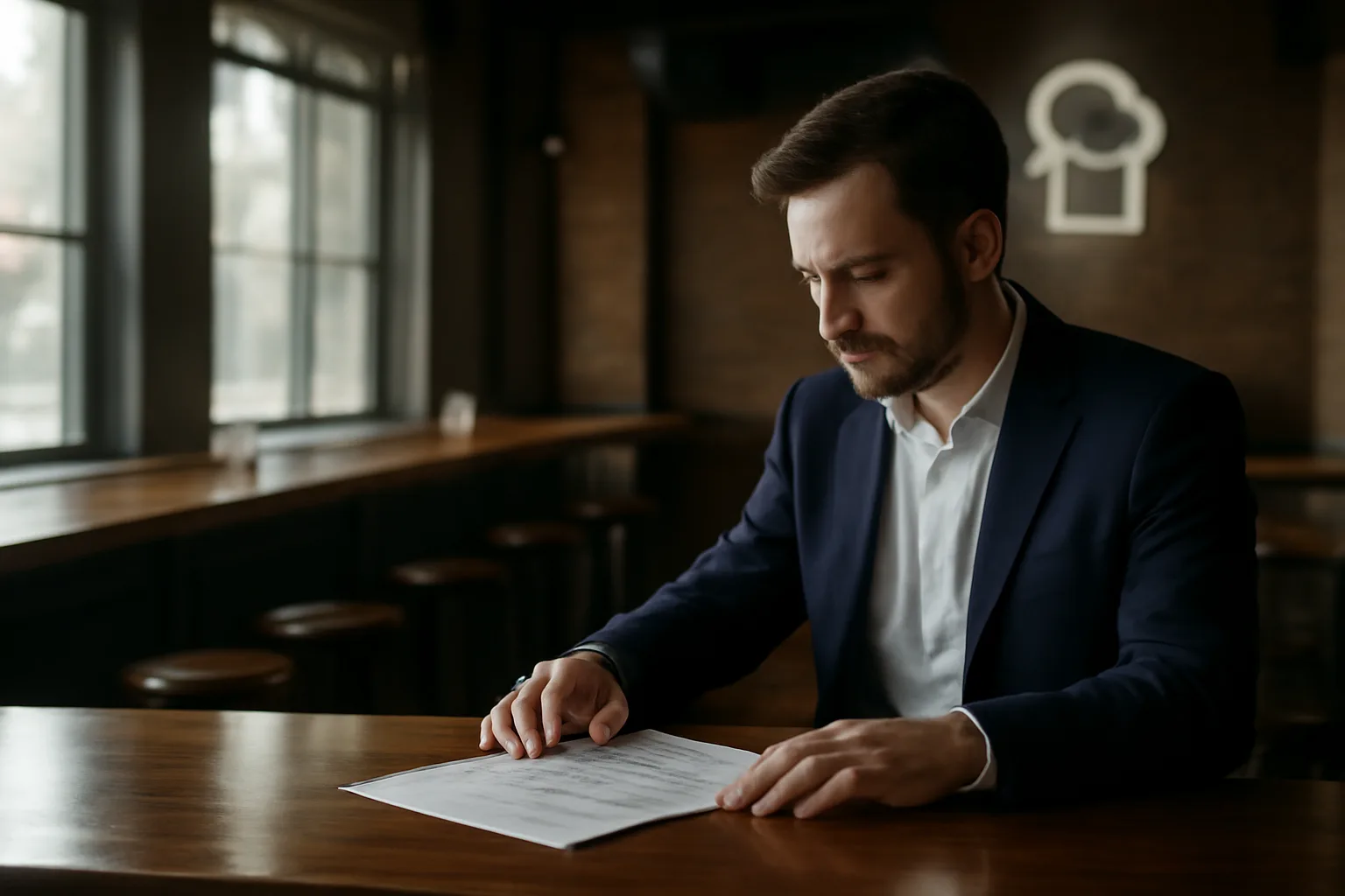 Restaurant owner reviewing paperwork at an empty bar before opening, liquor license planning