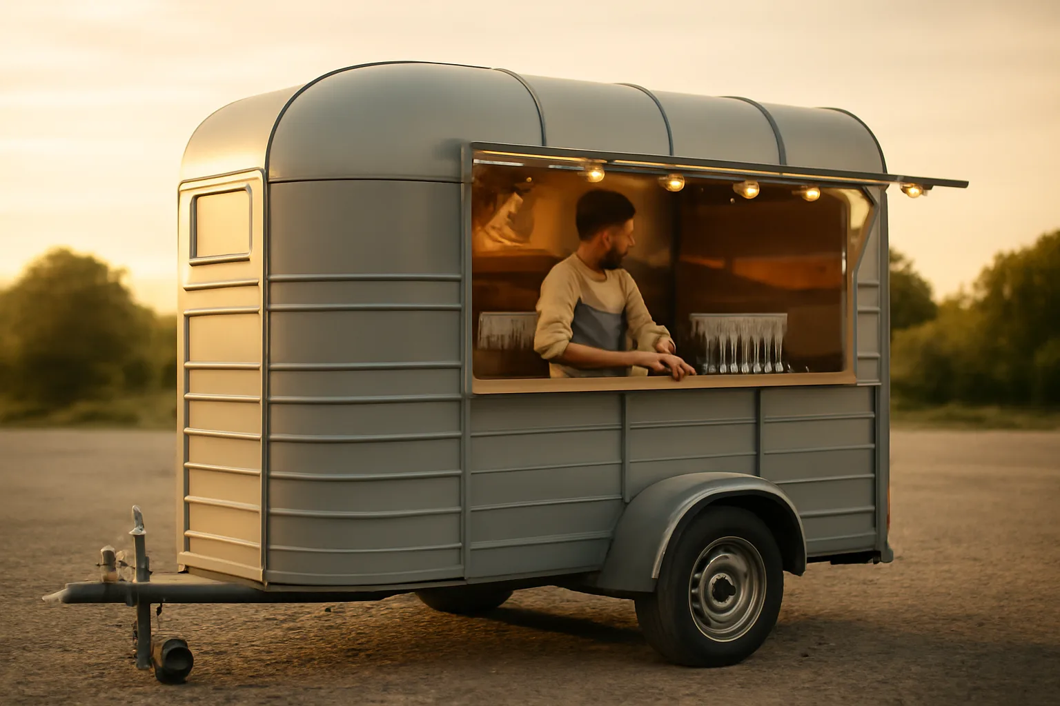 Mobile bar trailer set up outdoors before an event at dusk