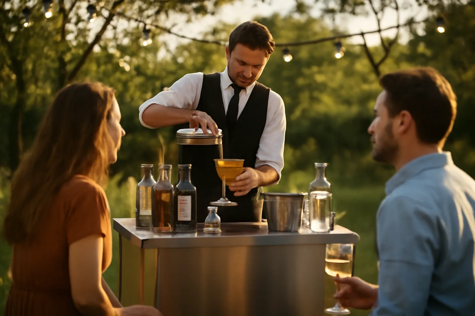 Bartender pouring a drink at an outdoor mobile bar cart during golden hour