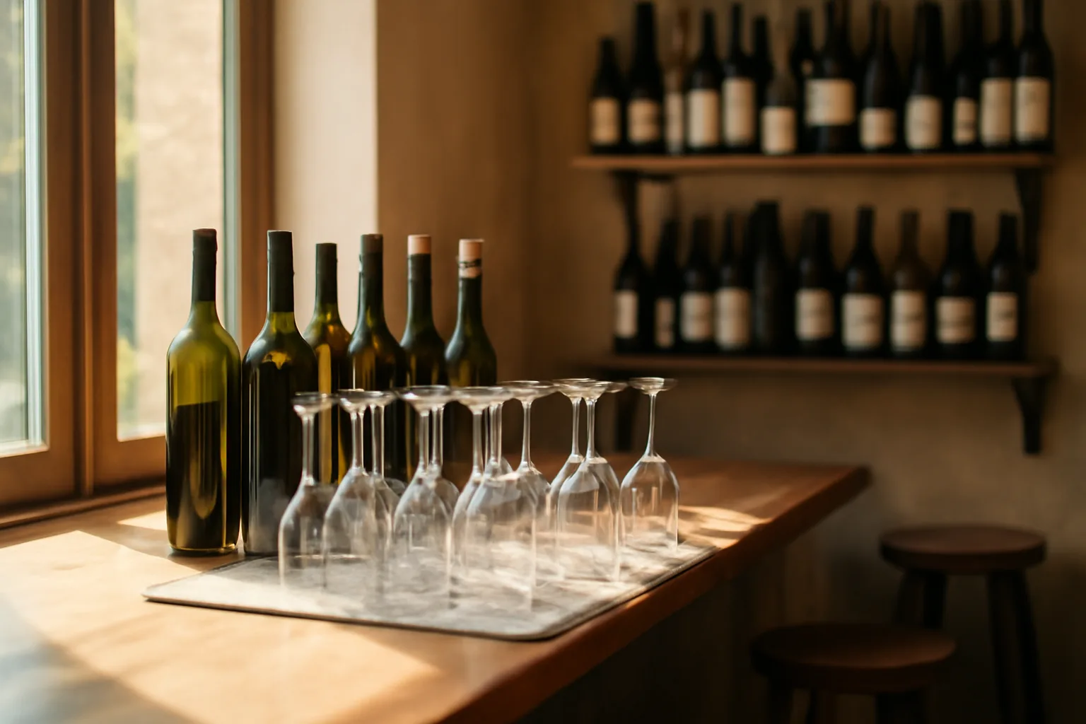 Sunlit wine bar counter with bottles and glasses, illustrating rules on selling wine