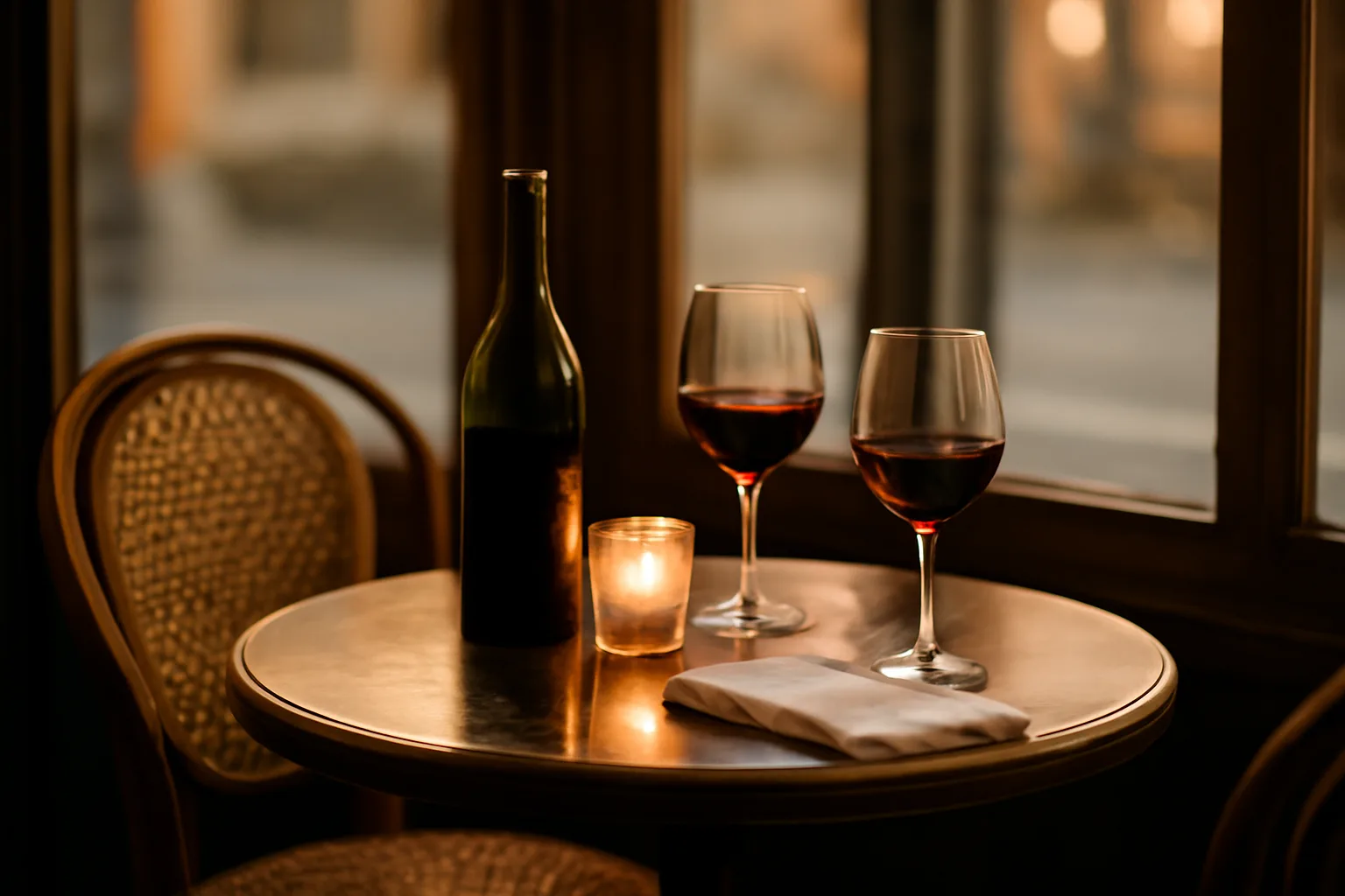 Wine bottle and glasses on a restaurant table illustrating a BYO restaurant setting