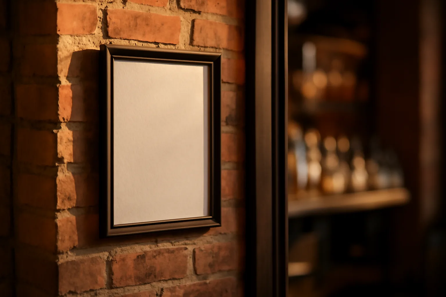 Framed paper document displayed on a brick wall near a bar entrance
