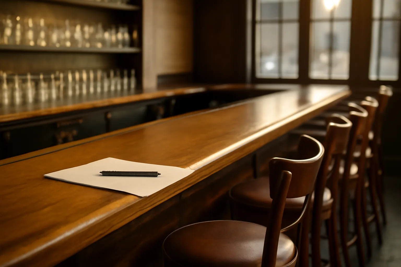 Empty restaurant bar with lease paperwork on the counter before license approval
