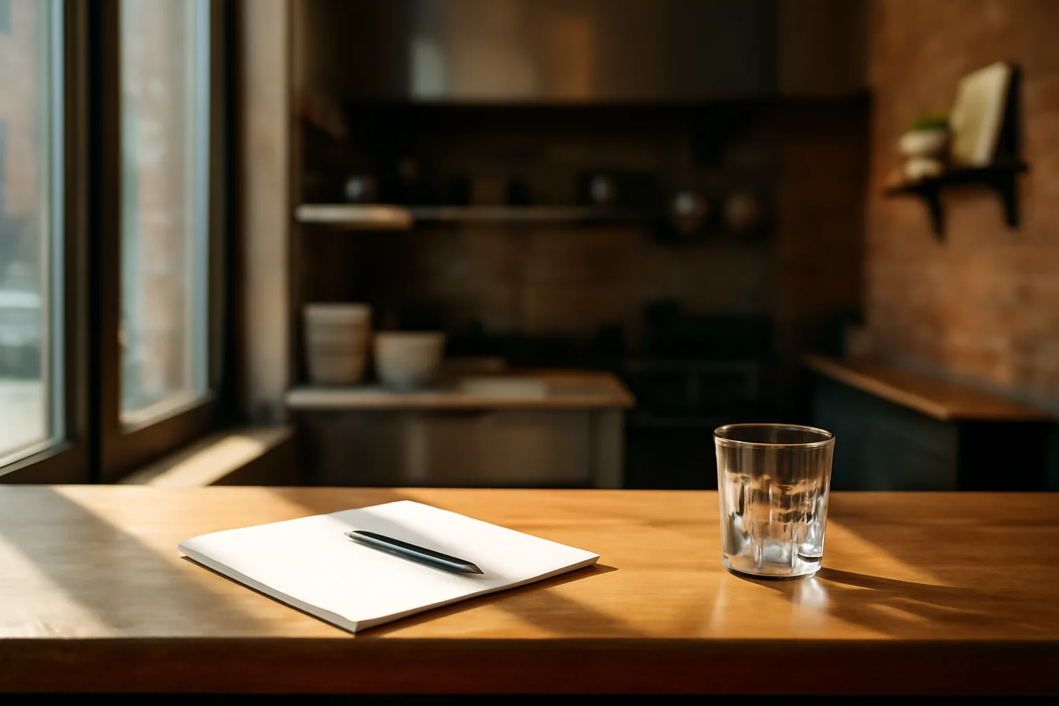 Restaurant counter with paperwork and an empty glass, representing liquor license research