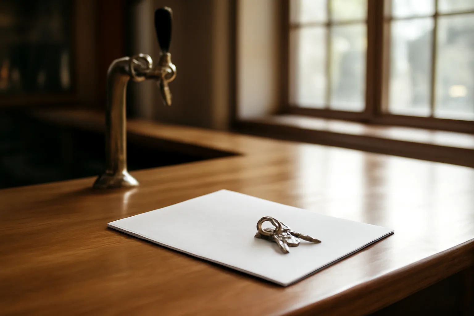 Empty bar counter with keys and a folded lease document in soft daylight