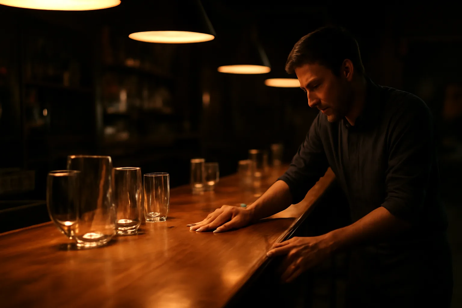 Bartender wiping down an empty bar counter under warm pendant lighting at closing time
