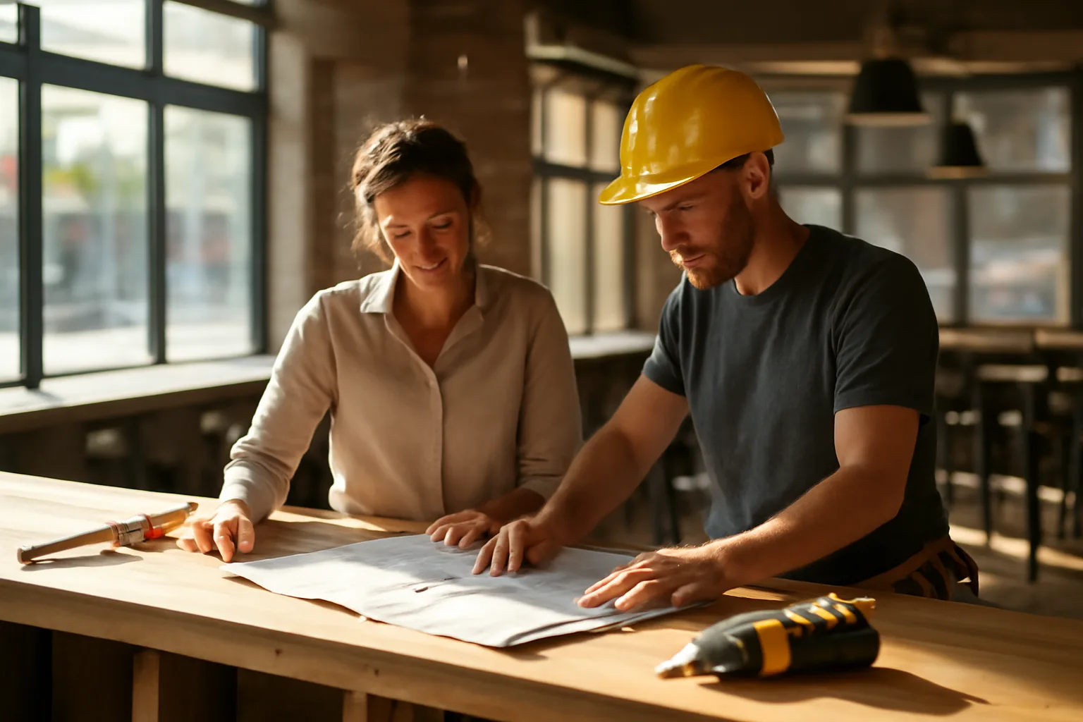 Restaurant owner reviewing plans at an under-construction bar during liquor license process