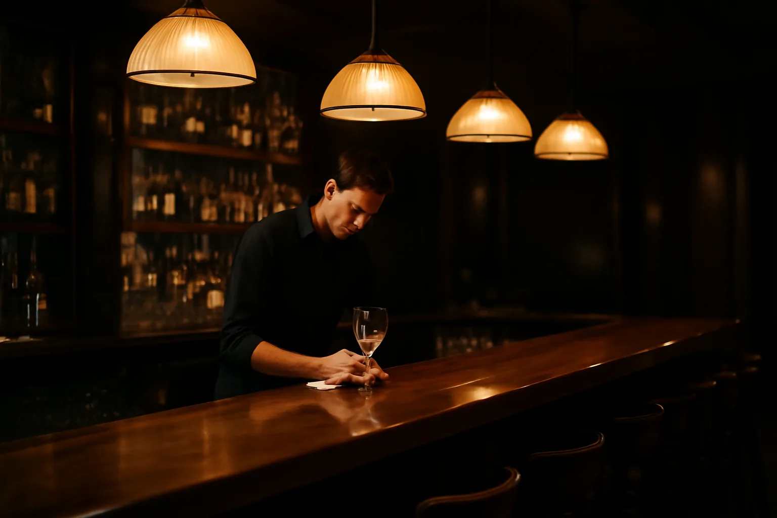 Bartender closing up a restaurant bar with liquor shelves lit at night