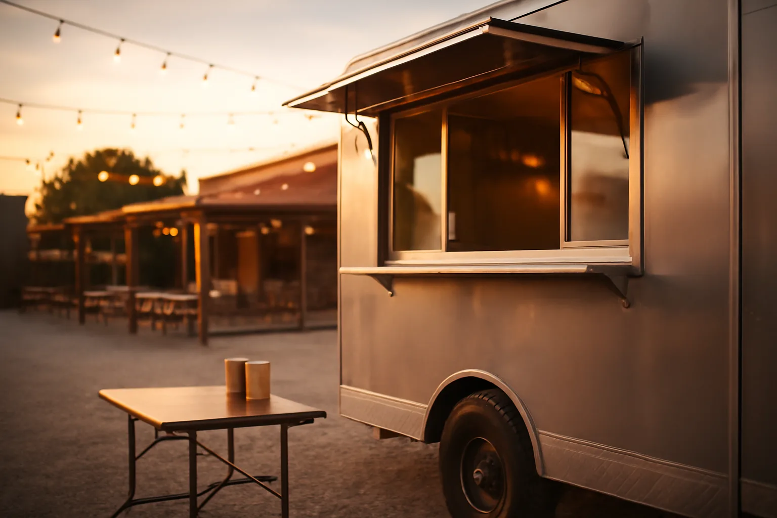 Food truck parked beside a licensed brewery patio at sunset for alcohol service