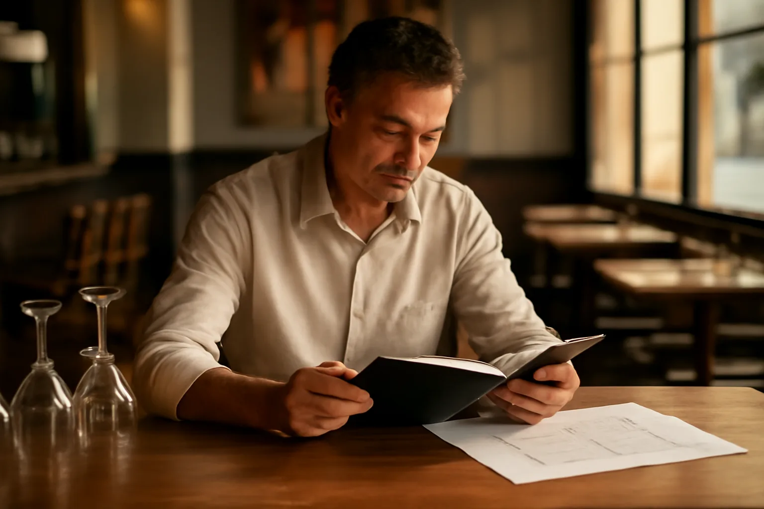 Restaurant owner reviewing liquor license application documents at a bar counter