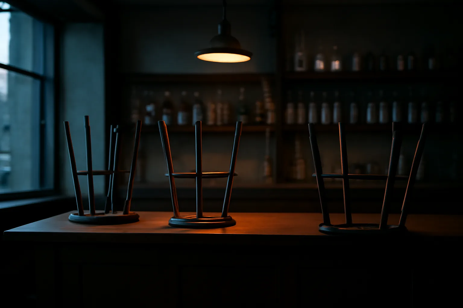 Empty restaurant bar at dusk illustrating how a restaurant can lose its liquor license