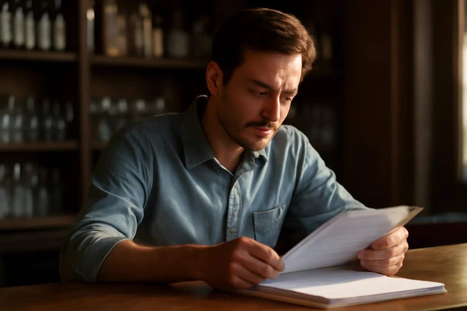 Restaurant owner reviewing paperwork at a bar counter while pursuing a liquor license