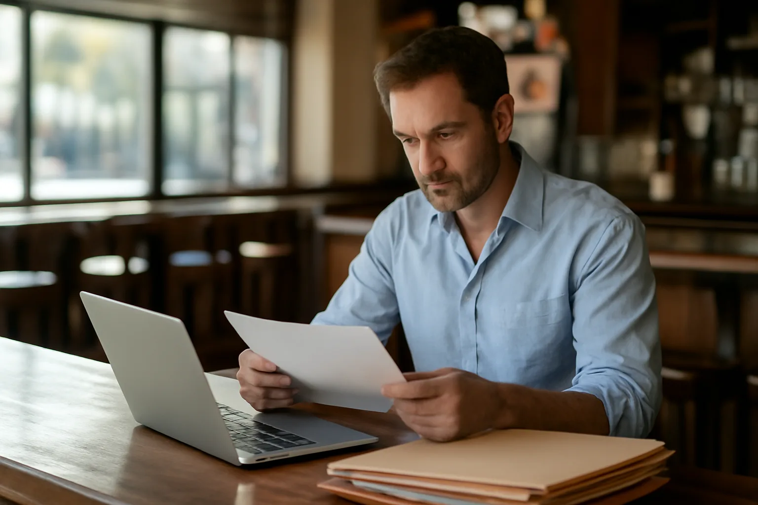 Restaurant owner reviewing liquor license paperwork at an empty bar counter