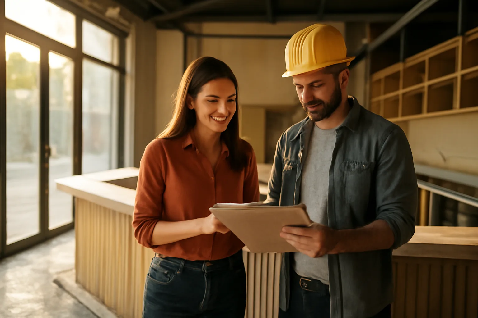 Restaurant owner reviewing plans near an under-construction bar counter before opening