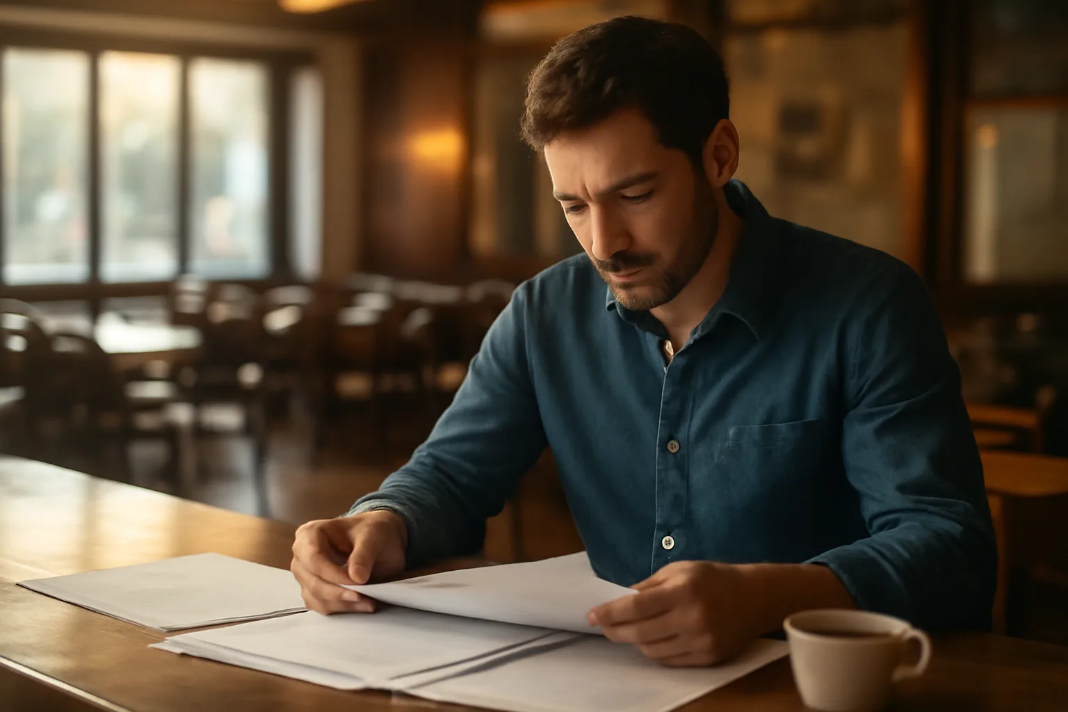 Restaurant owner reviewing renewal paperwork at a bar counter before opening hours