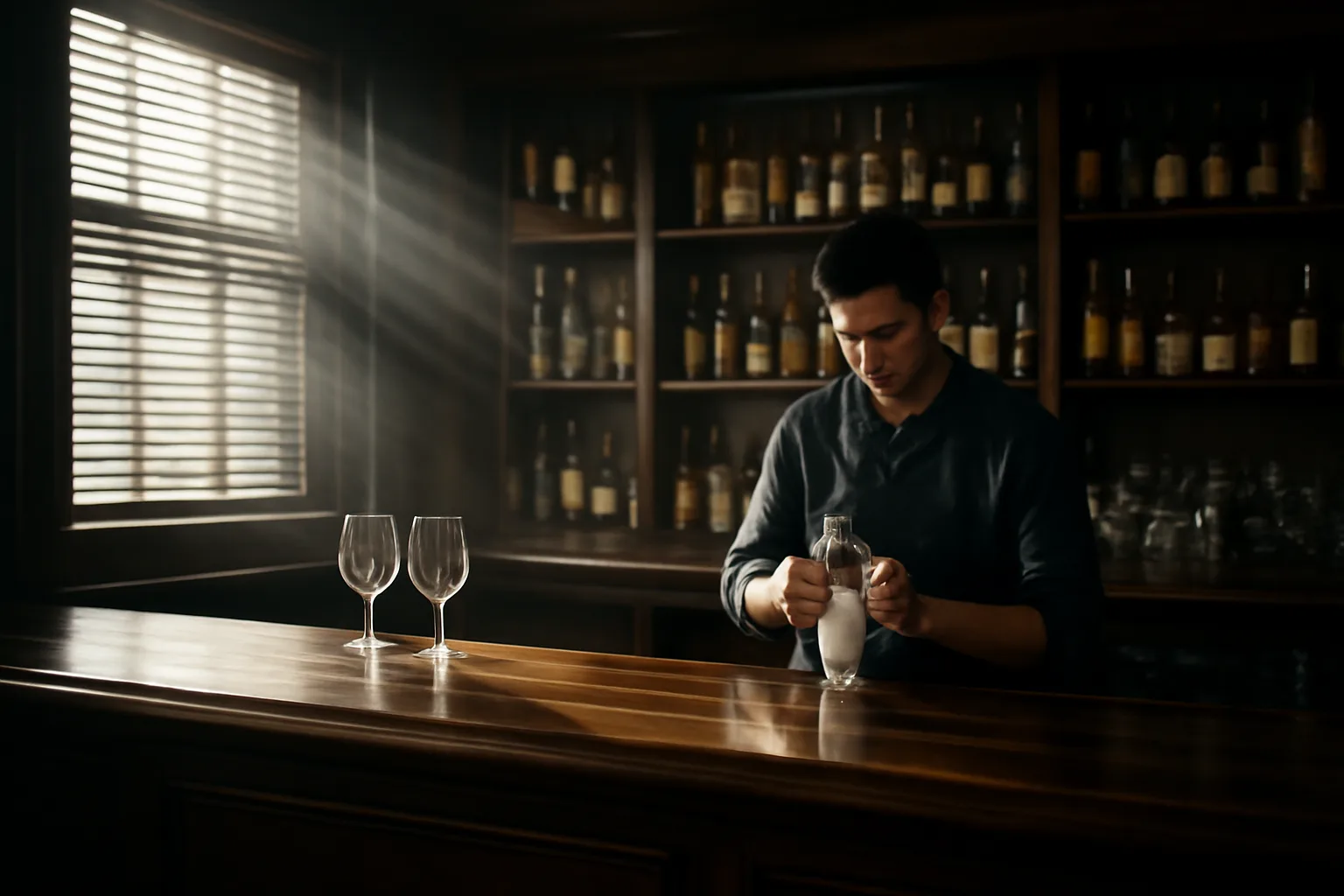 Empty bar interior before opening with bartender polishing glasses in morning light